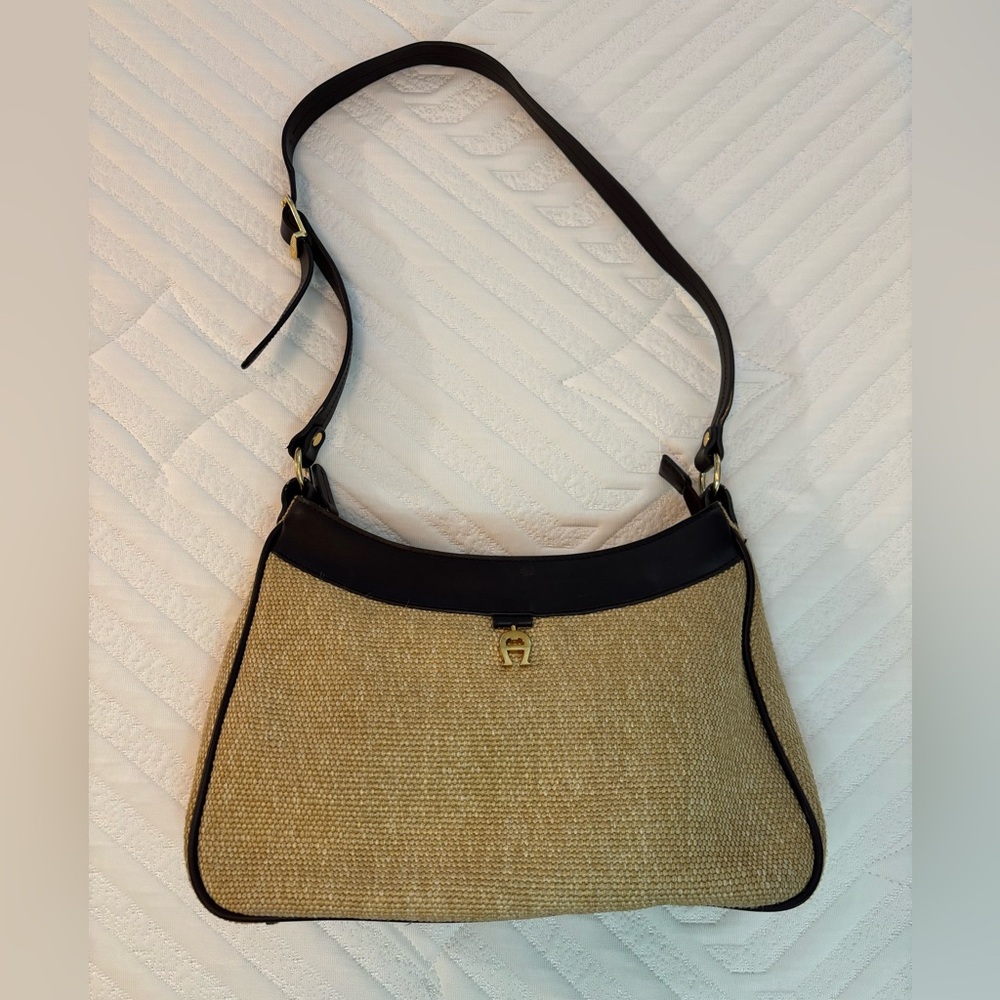 Etienne Aigner Tan and Brown Jute Baguette Shoulder Bag